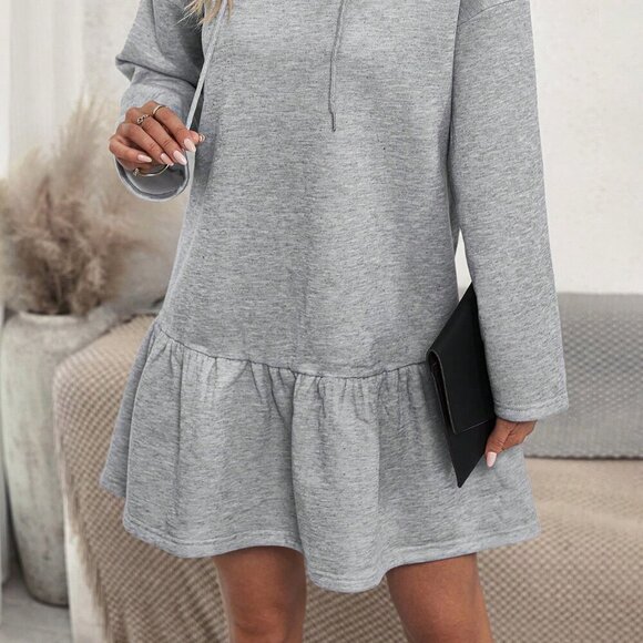 Grey Casual Women's Drop Shoulder Ruffle Hem Drawstring Hooded Dress - Picture 5 of 6